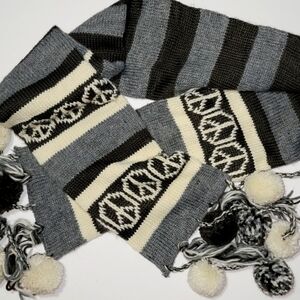 Long grey knit Scarf peace signs and pom poms